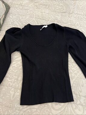 Jonathan Simkhai Black Ribbed Scoop Neck Puff Sleeve Sweater